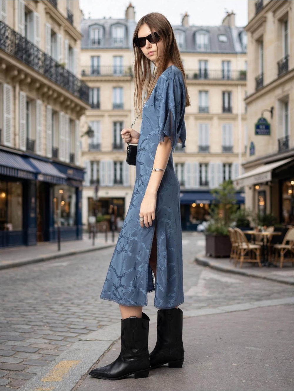 Zadig & Voltaire Rey Silk Mid-Length Dress Slate Blue Printed Sz Medium - Picture 4 of 13